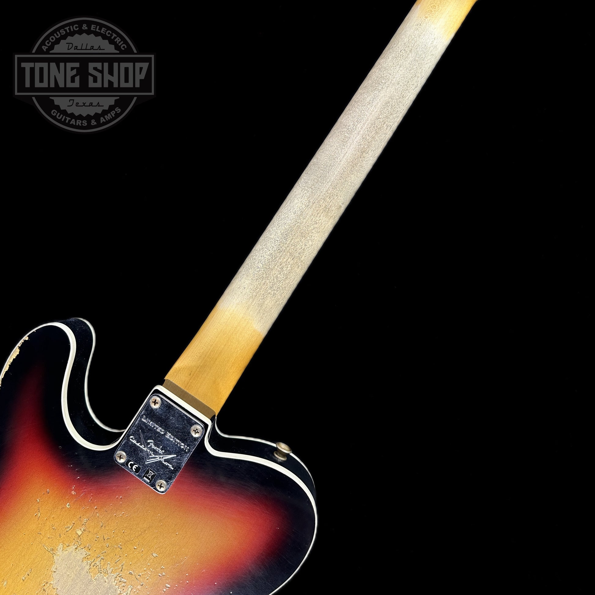 Back of neck of Fender Custom Shop Limited Edition Reverse 60 Tele Custom Heavy Relic 3 Color Sunburst.