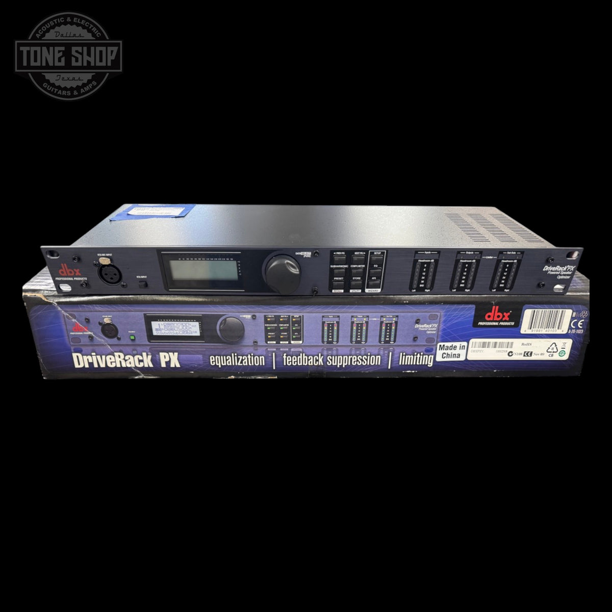 Audio processing device with 'dbx' branding on a black background