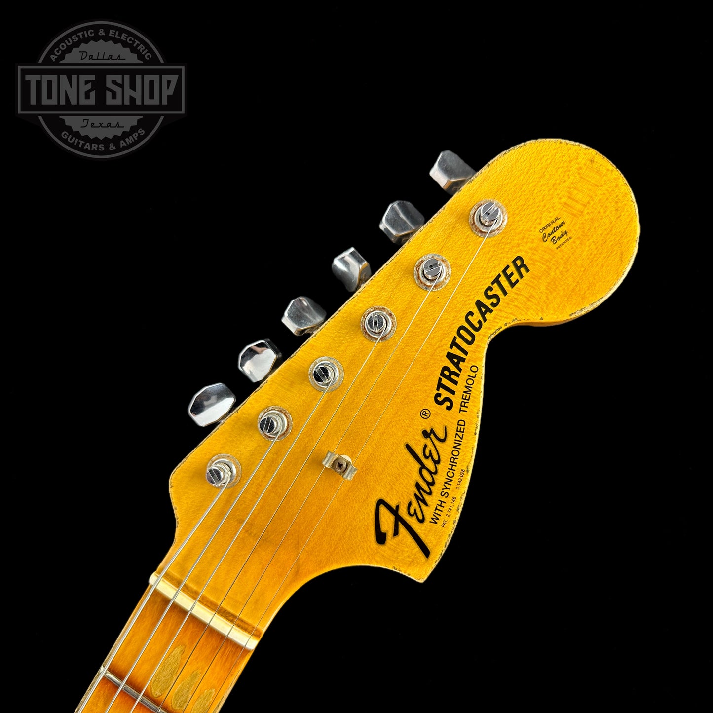 Front of headstock of Used Fender Custom Shop '69 Strat HSS Graffiti Yellow Heavy Relic.