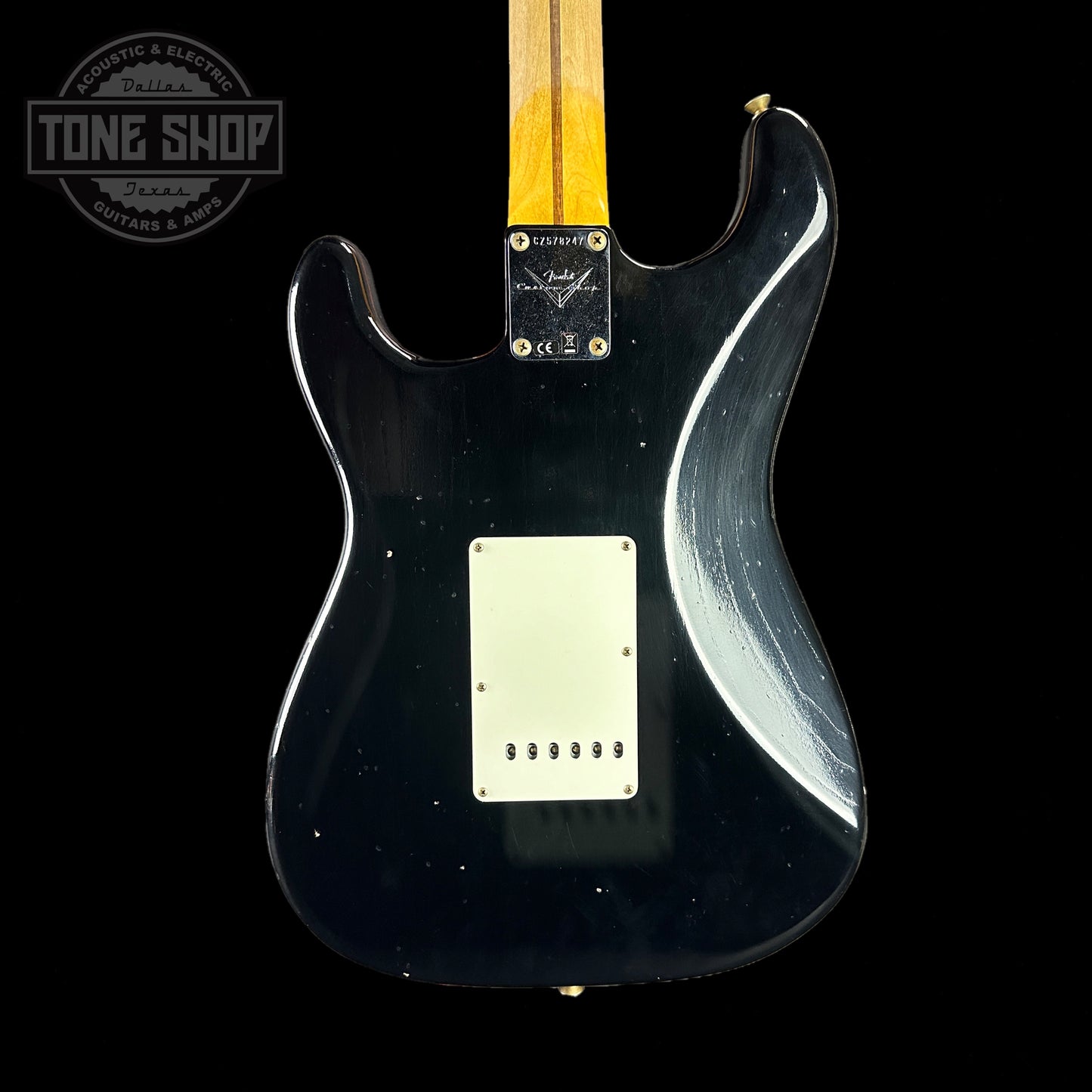 Back of body of Fender 1956 Stratocaster Journeyman Relic Maple Neck Aged Black.