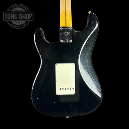 Back of body of Fender 1956 Stratocaster Journeyman Relic Maple Neck Aged Black.