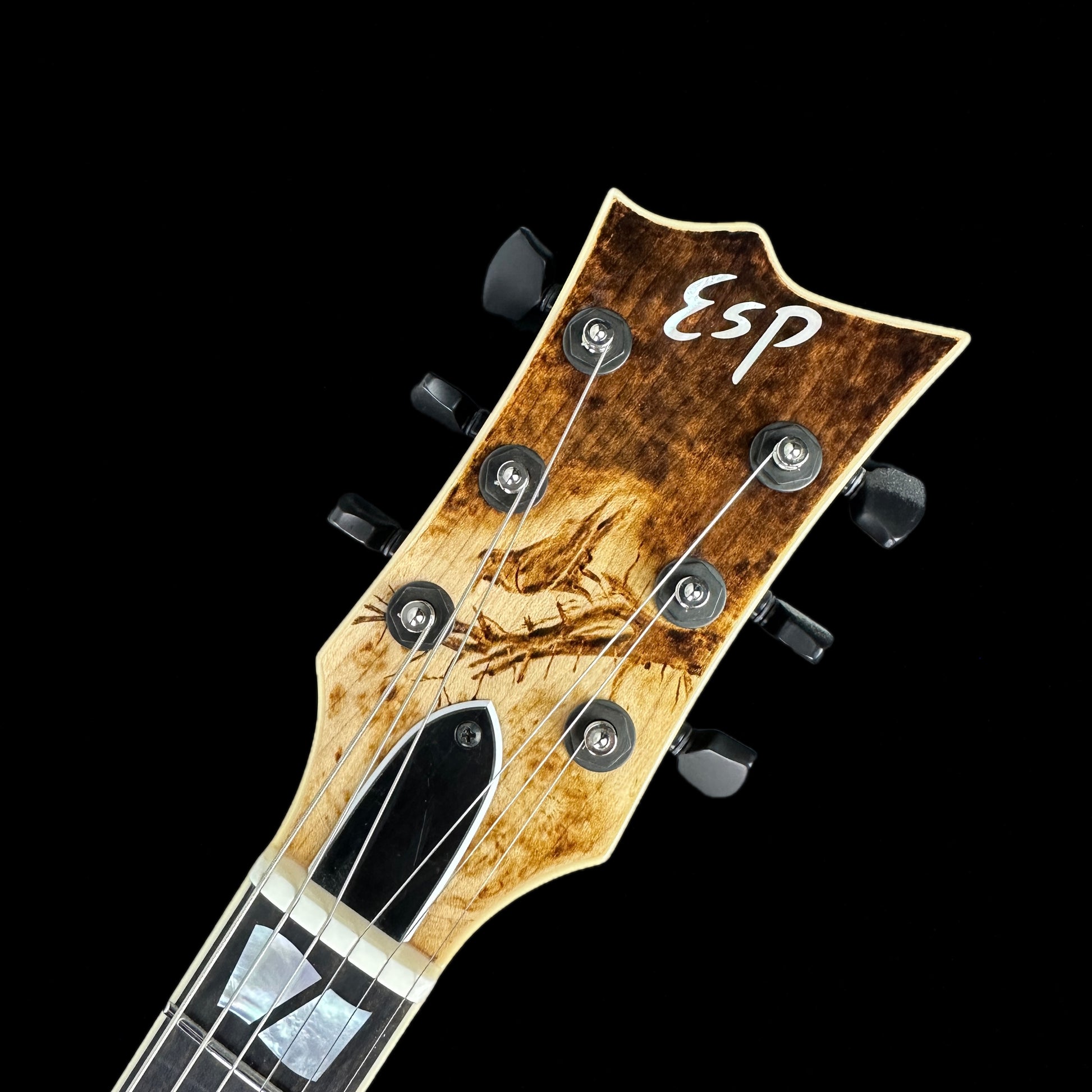 Front of headstock of ESP USA Nosferatu Limited Edition Pyrograph Series.