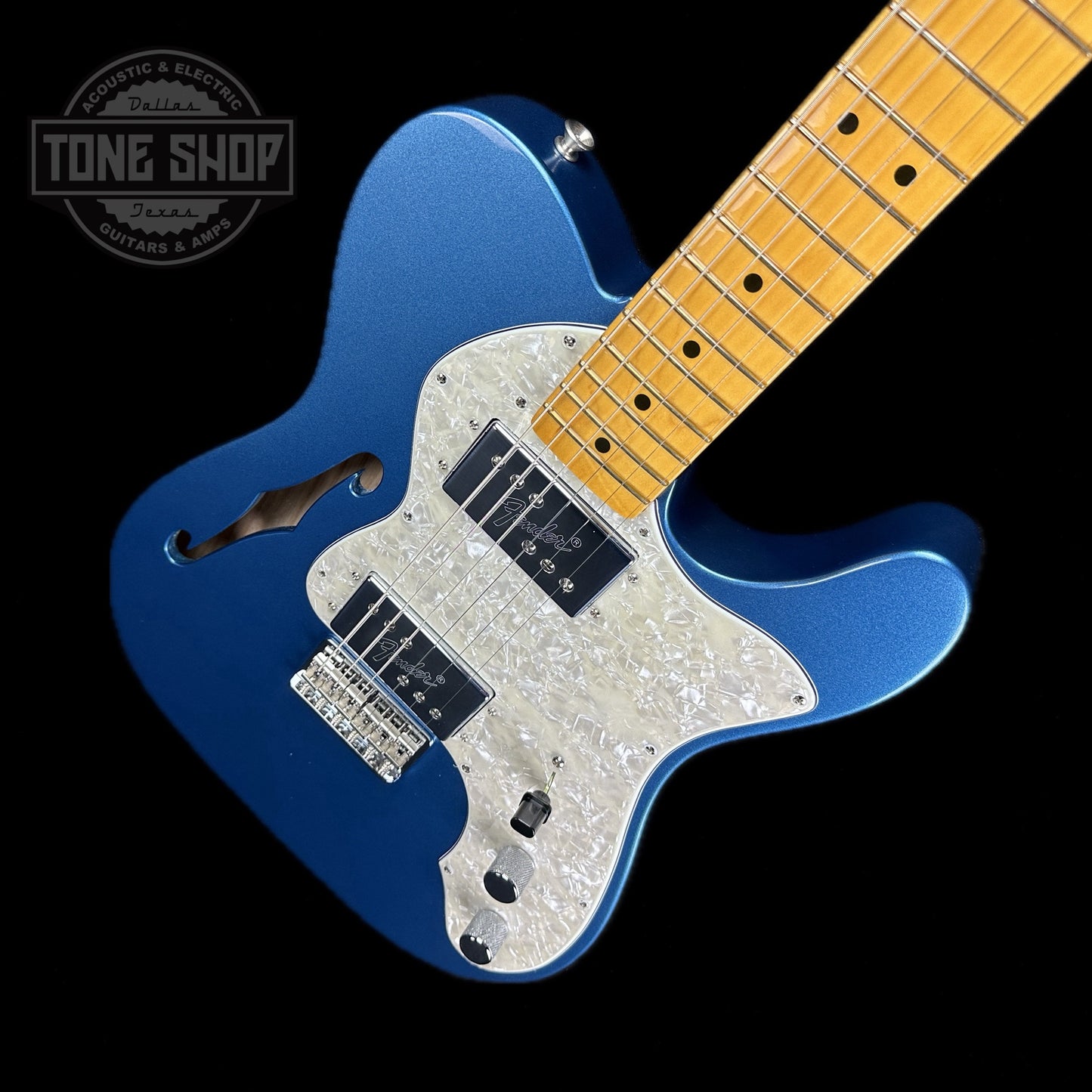 Front angle of Used Fender American Vintage II '72 Thinline Telecaster Lake Placid Blue.