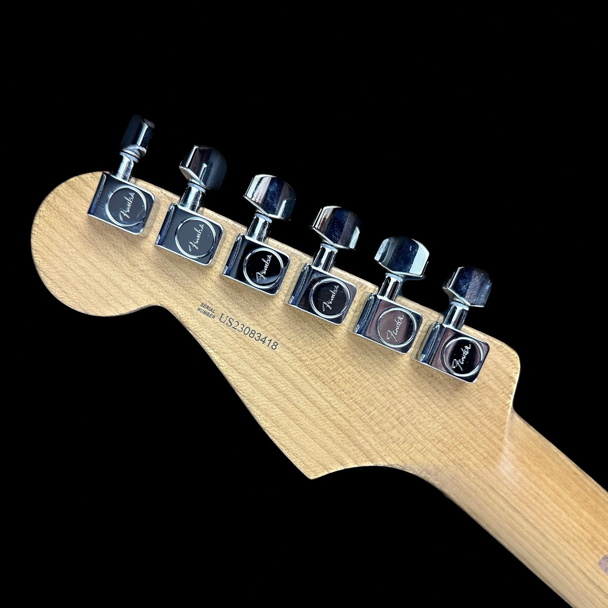 Back of headstock of Fender American Professional II Strat Roasted MP 2-Color Sunburst Ash.
