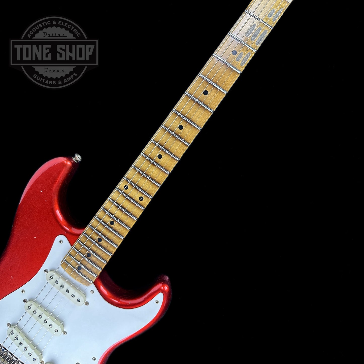 Fretboard of Fender Custom Shop Limited Edition 56 Strat Journeyman Relic Super Faded Aged Candy Apple Red.