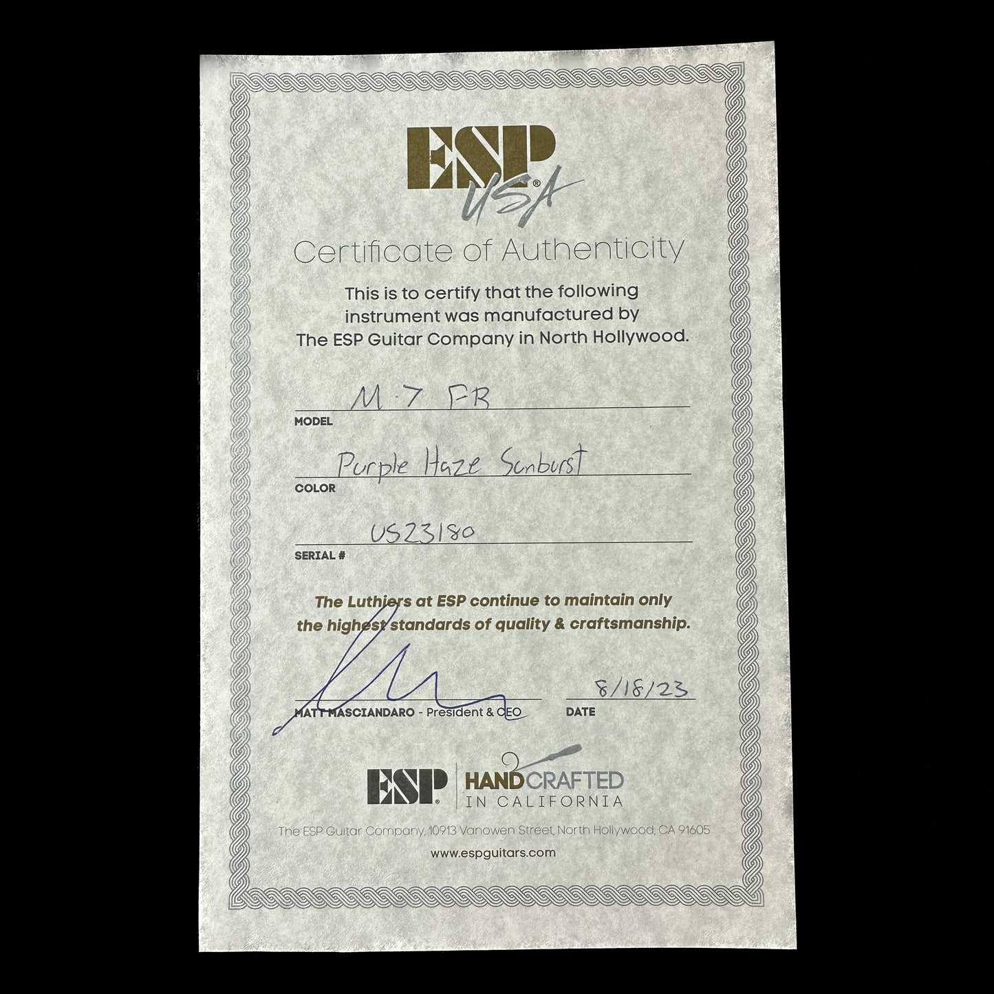 Certificate of authenticity for ESP USA M7 FR FM E BH EMG Purple Sunburst.