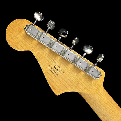 Back of headstock of Used Squier Classic Vibe Jazzmaster Daphne Blue.