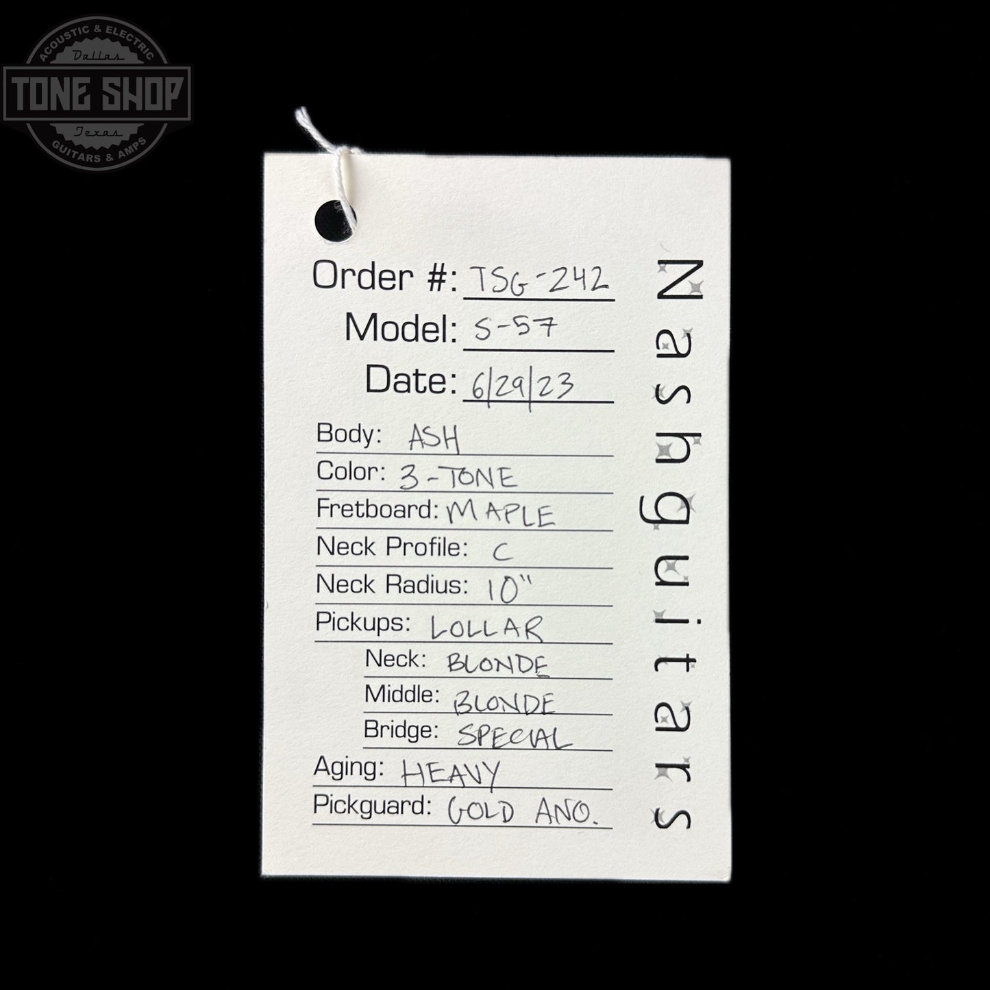 Spec sheet for Used Nash S-57 3 Tone Sunburst Heavy Aging.