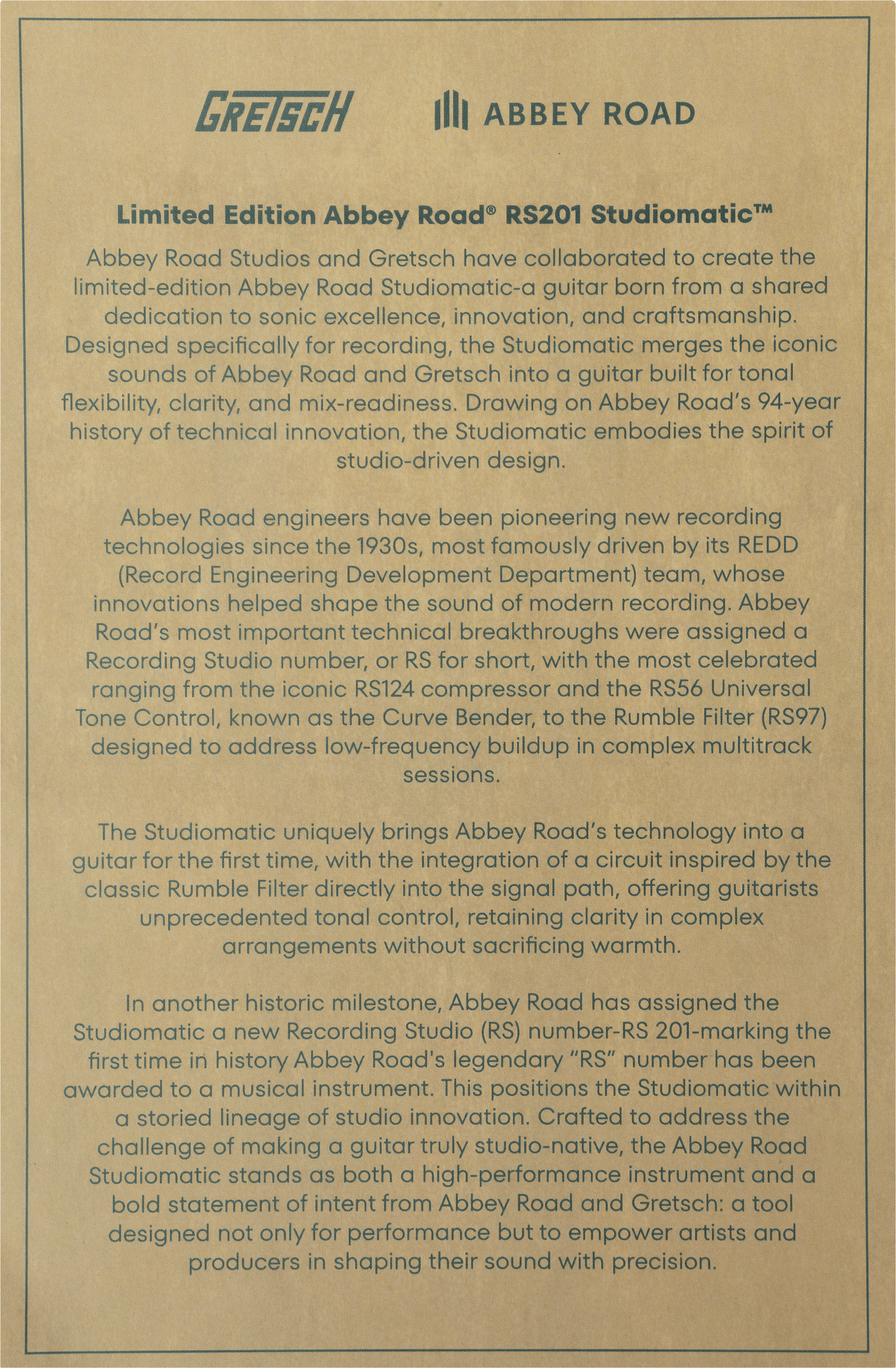 Gretsch Abbey Road Studiomatic guitar promotional text on a brown background