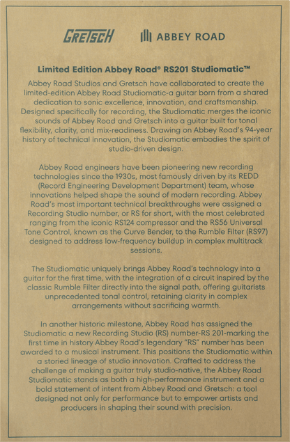 Gretsch Abbey Road Studiomatic guitar promotional text on a brown background