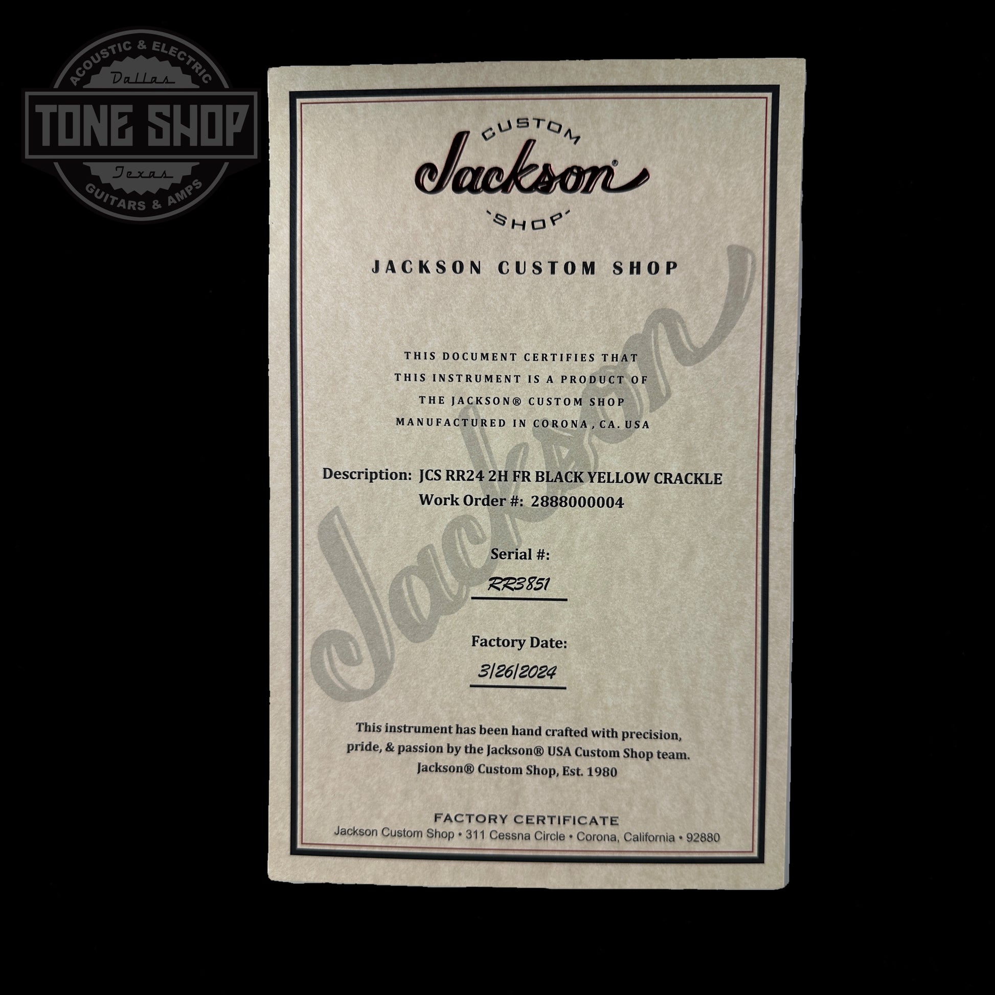 Certificate of authenticity for Jackson Custom Shop Limited Edition Randy Rhoads Nos Black With Yellow Crackle.