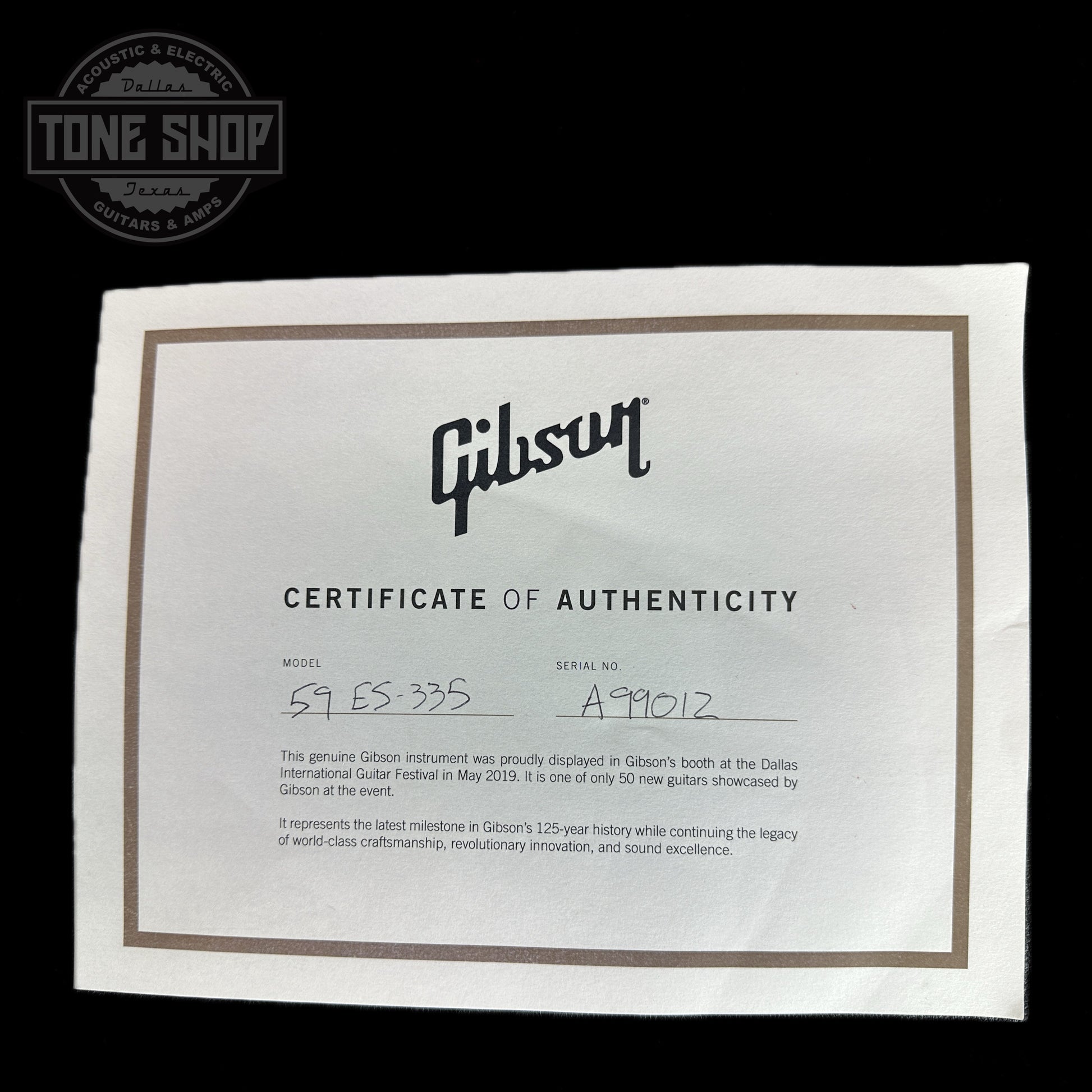 Certificate of authenticity for Used Gibson Custom Shop 1959 Reissue ES-335 Ebony.