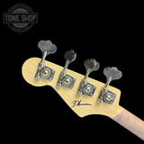 Back of headstock of Nash JB-63 Fretless w/lines Sunburst Heavy Aging RW Tort Guard.