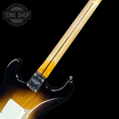 Back of neck of Fender 1956 Stratocaster Journeyman Relic Maple Neck Wide-Fade 2-Color Sunburst.