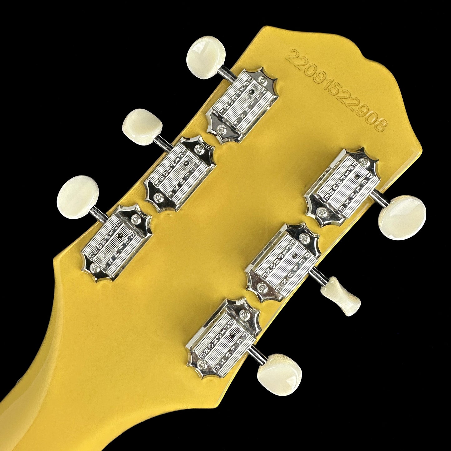 Back of headstock of Used Epiphone Les Paul Special TV Yellow.