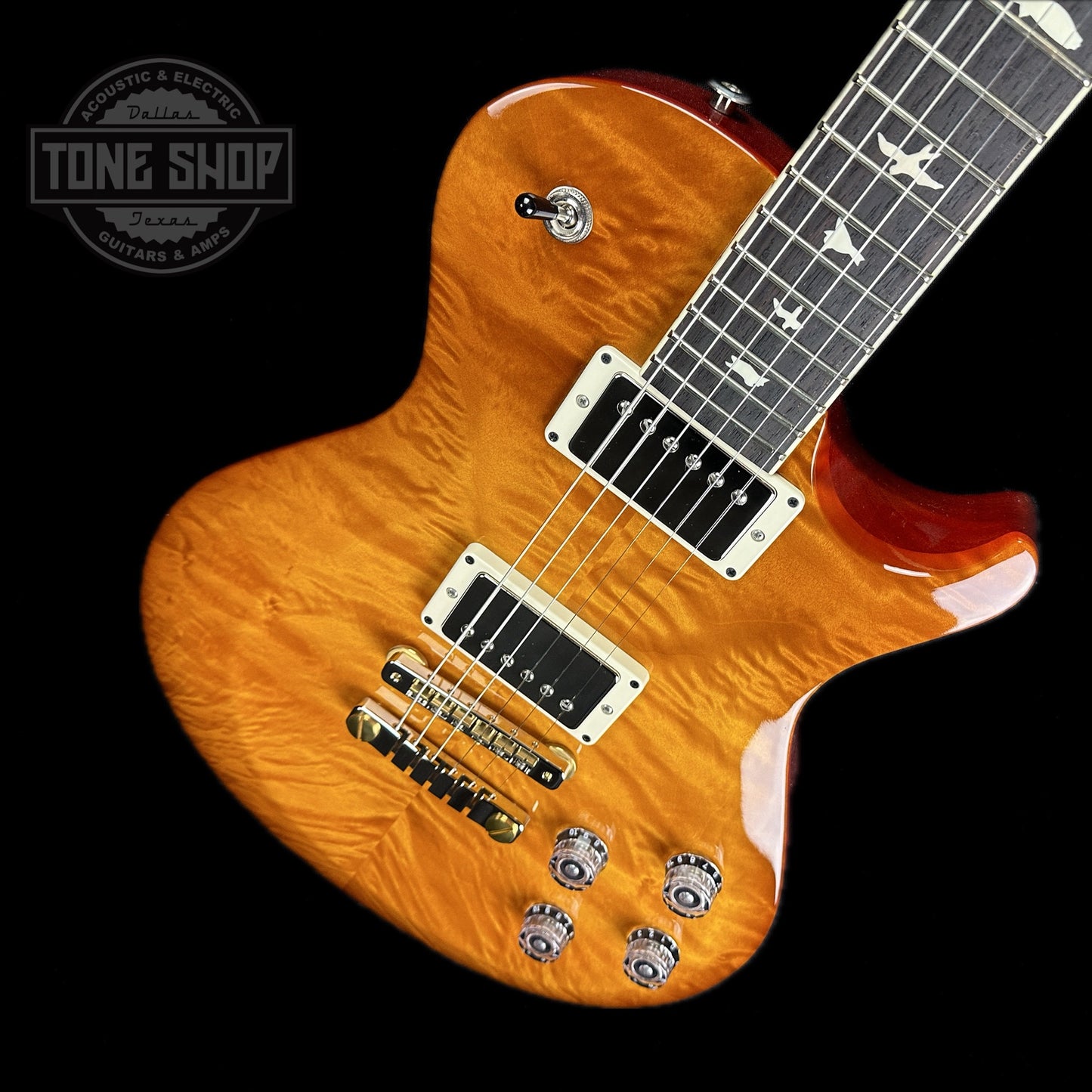 Front angle of PRS Paul Reed Smith S2 McCarty 594 Singlecut Quilt McCarty Sunburst.