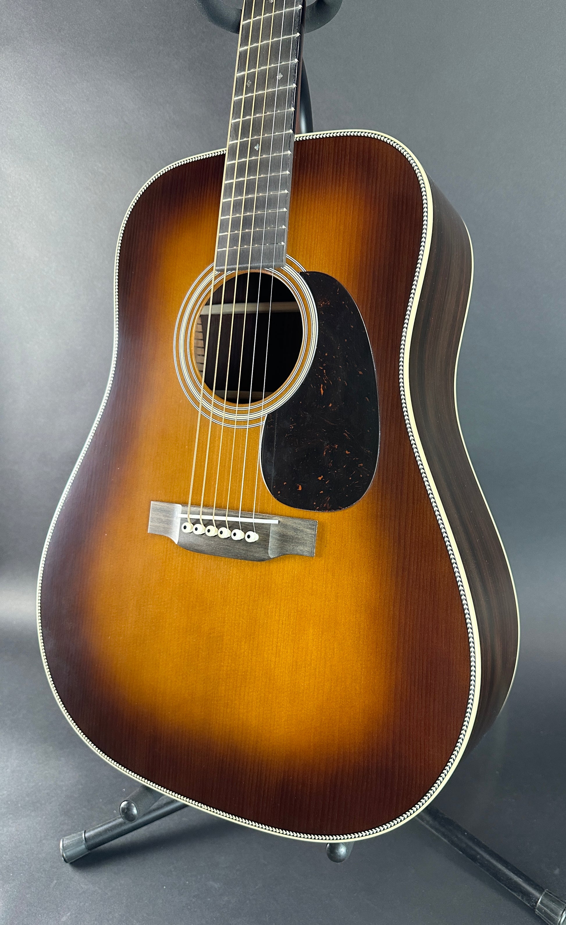 Front angle of Used Martin Custom Shop D-28 1937 Vintage Low Gloss Ambertone.