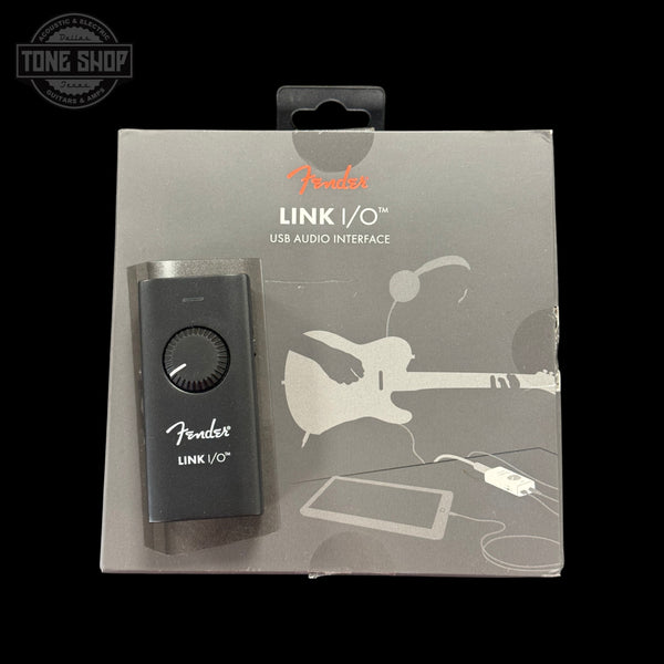 Top down of Used Fender Link I/O USB Audio Interface with box.
