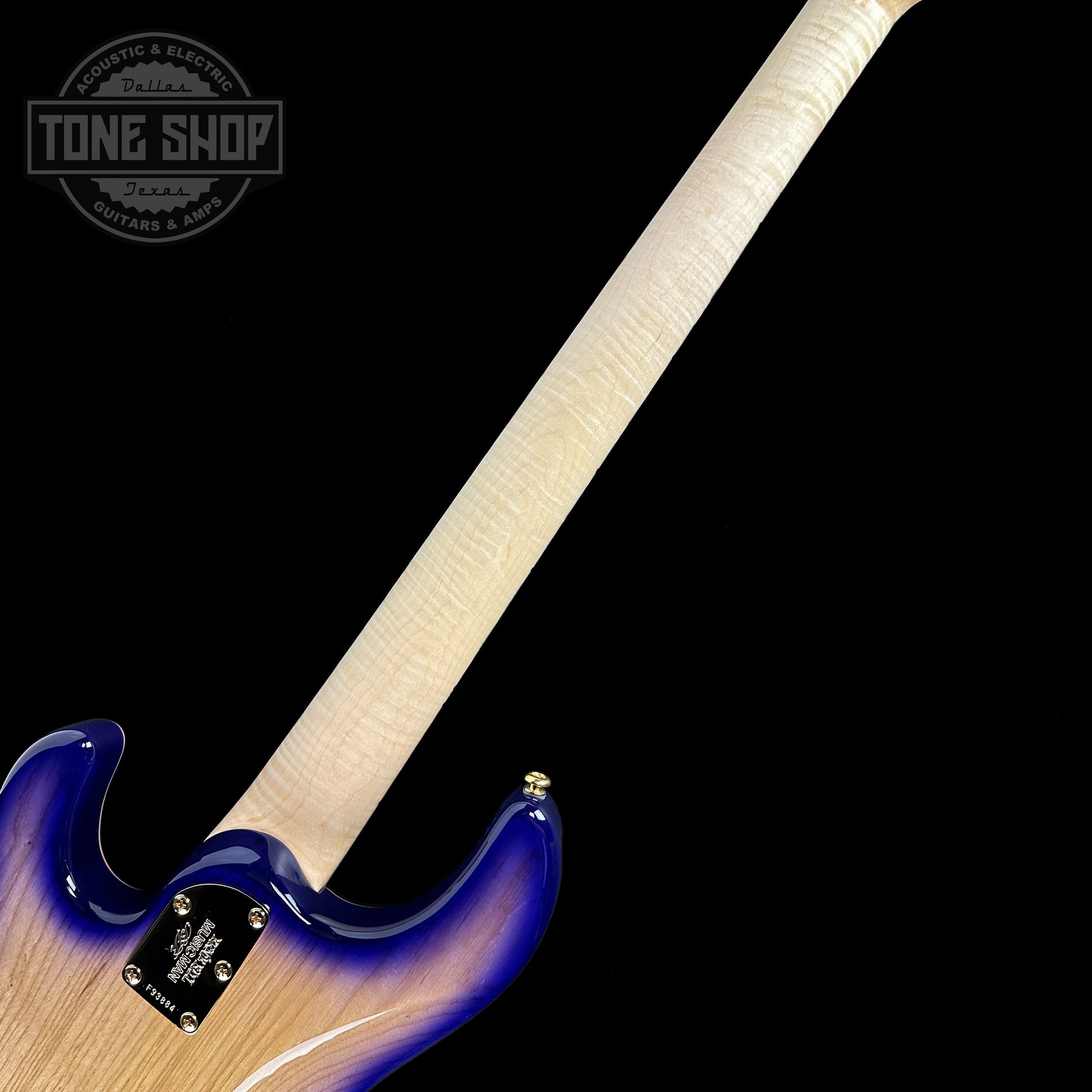 Back of neck of Ernie Ball Music Man BFR "Moonbeam" StingRay Special 5 HH 5-String Bass Figured White Maple Fretboard Trans Purple Burst.