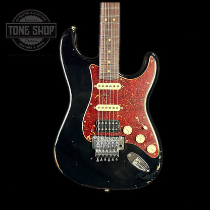 Front of body of Fender Custom Shop '69 Stratocaster Relic HSS Black Reverse Headstock.