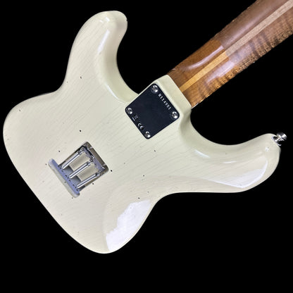 Back angle of Used Fender Custom Shop Roasted 60's Stratocaster Journeyman Relic Vintage White.