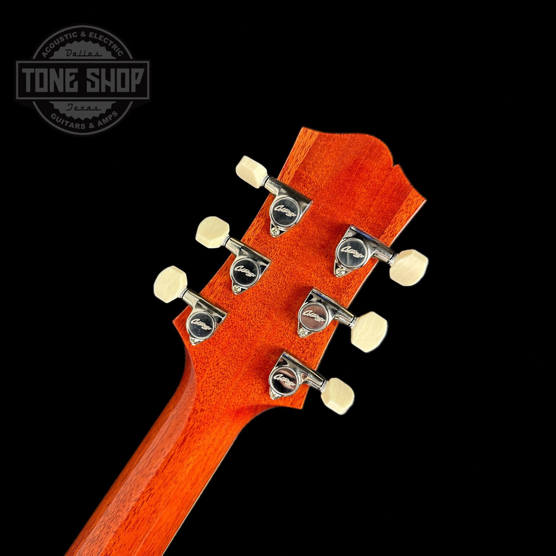 Back of headstock of Collings CL City Limits Iced Tea Sunburst.