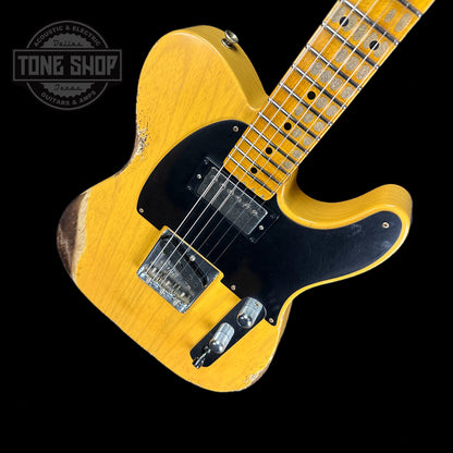 Front angle of Fender Custom Shop Limited Edition 53 HS Tele Heavy Relic Aged Butterscotch Blonde.