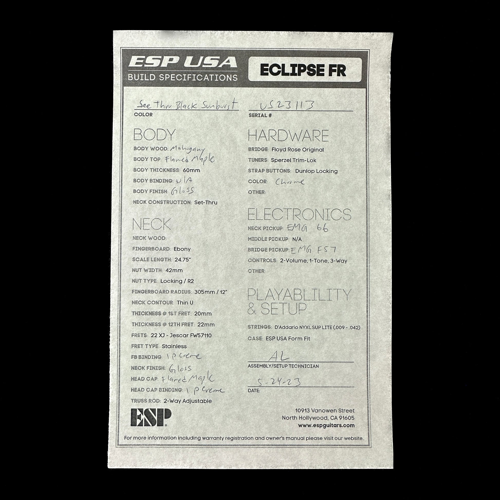 Spec sheet for Demo ESP USA Eclipse Floyd Rose See Thru Black Sunburst.