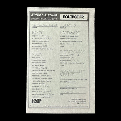 Spec sheet for Demo ESP USA Eclipse Floyd Rose See Thru Black Sunburst.