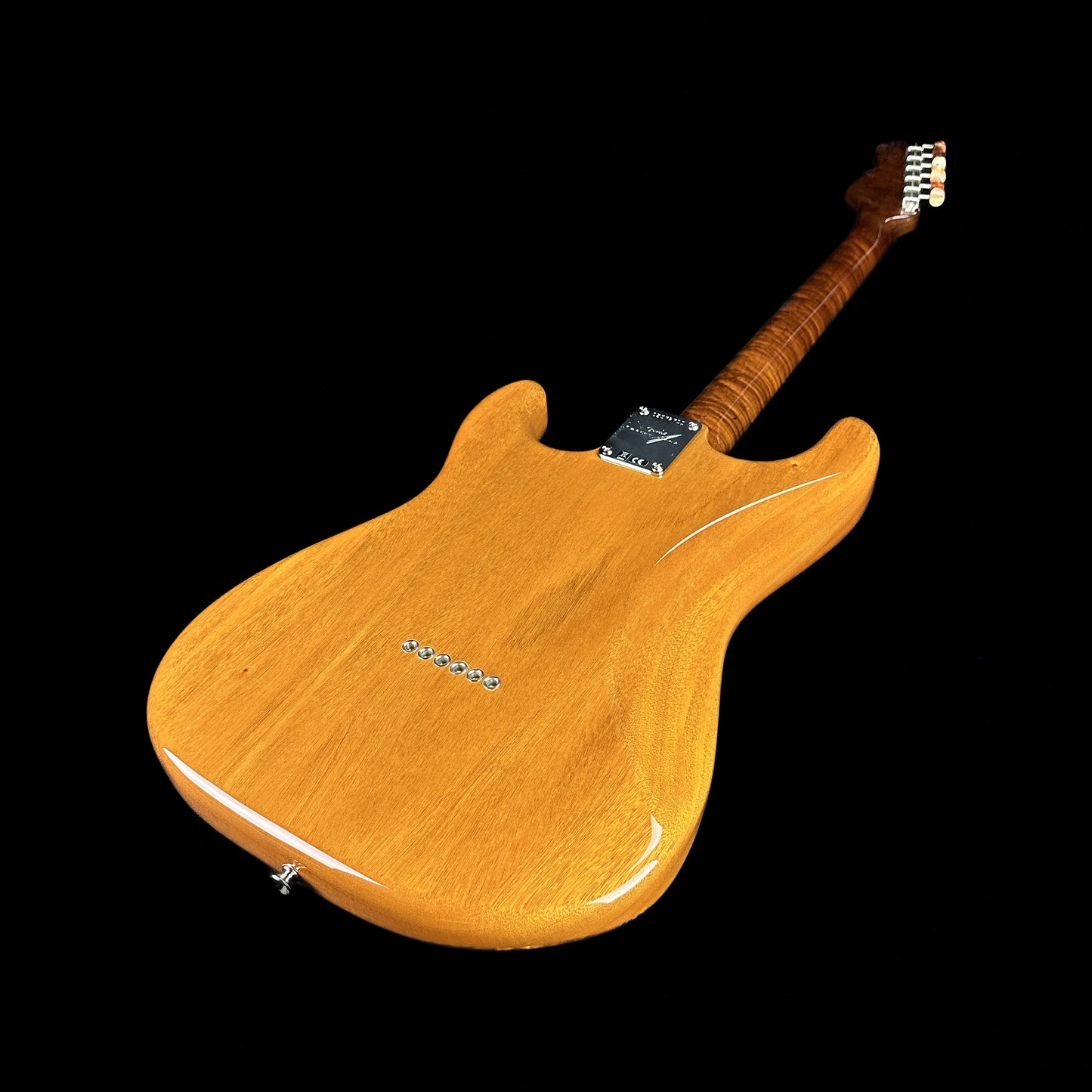 Back angle of Fender Custom Shop Artisan Dual P90 Koa Strat NOS RW Aged Natural.