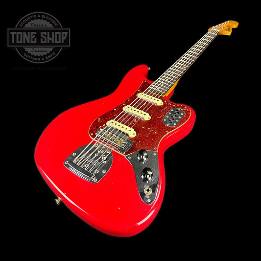 Front angle of Fender Custom Shop Limited Edition Bass VI Journeyman Relic Aged Dakota Red.