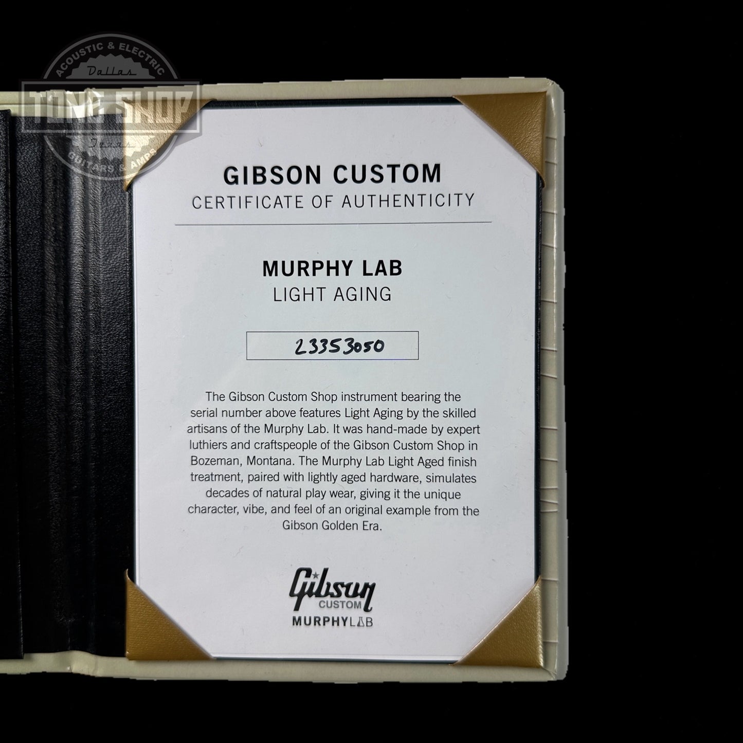 Certificate of authenticity for Gibson Acoustic 1960 Hummingbird Murphy Lab Light Aged Heritage Cherry Sunburst.