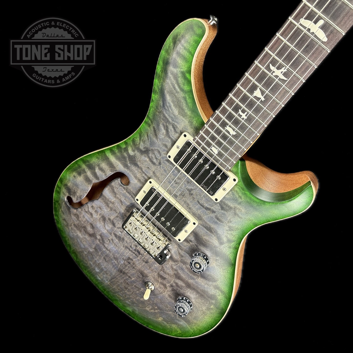 Front angle of PRS Paul Reed Smith CE24 Semi-hollow Faded Gray Black Green Burst.