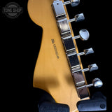 Back of headstock of Used 2025 Fender American Classic Jazzmaster Shoreline Gold.