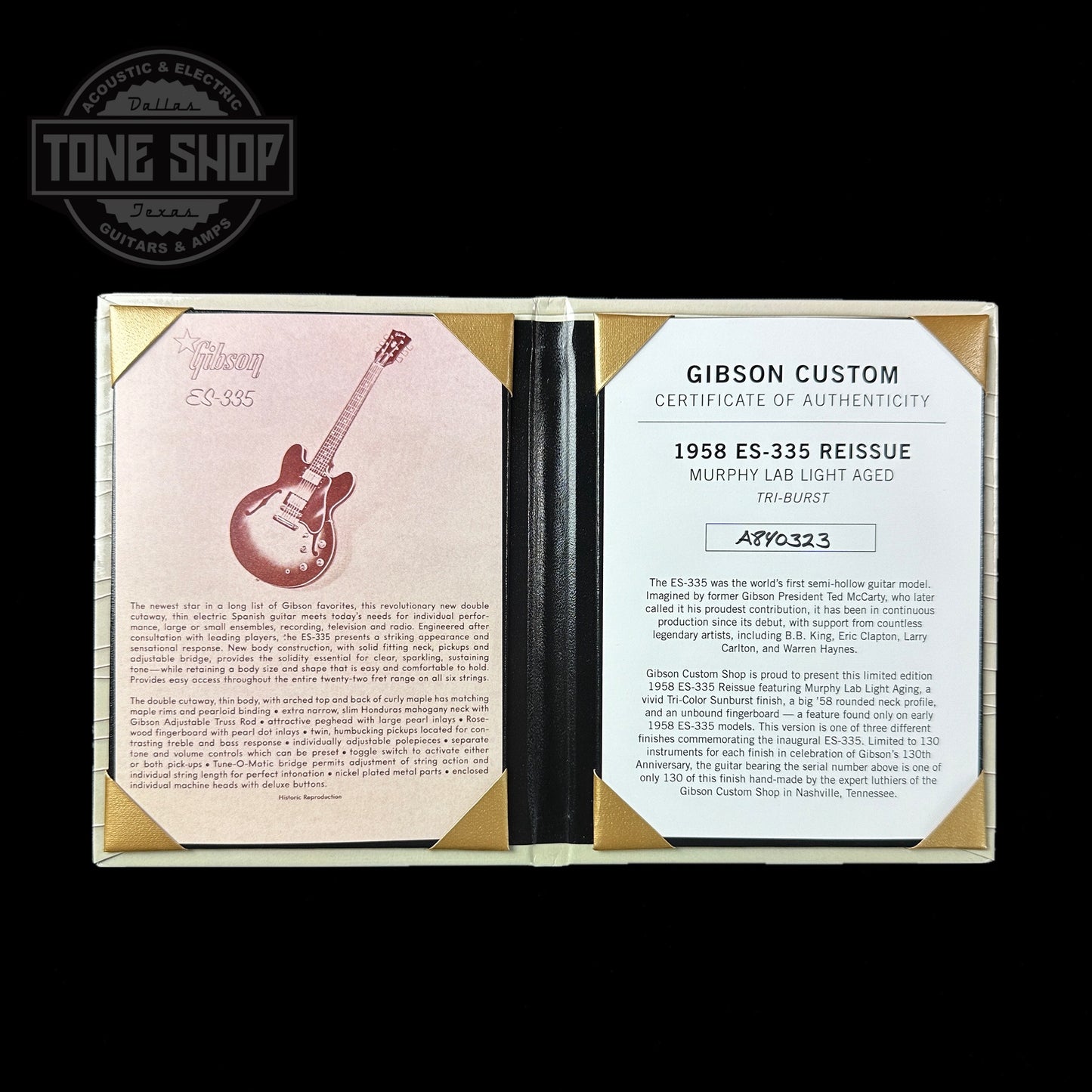 Certificate of authenticity for Gibson Custom Shop 1958 ES-335 Tri-burst Murphy Lab Light Aged Limited.
