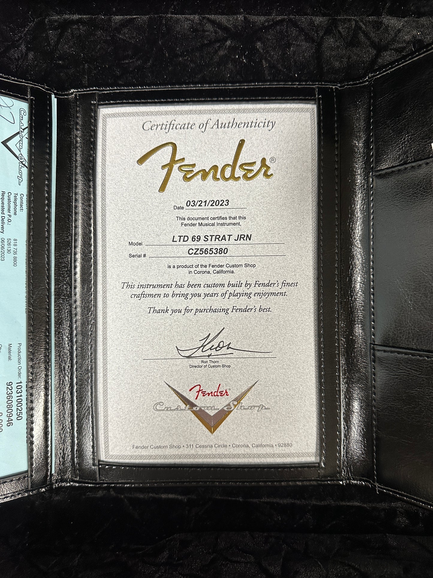 Certificate of authenticity for Used Fender Custom Shop Ltd Ed 69 Strat Journeyman Relic Aged Candy Tangerine.