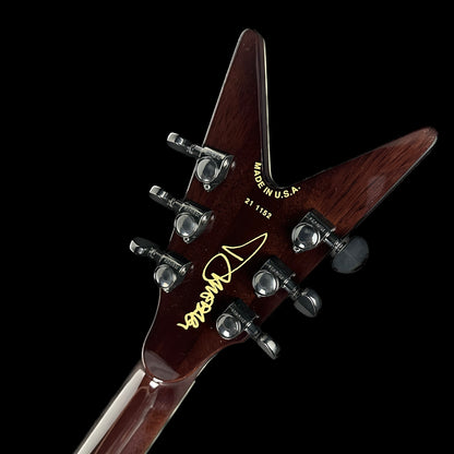 Back of headstock of Dean USA Dime Rebel Flame Top Trans Black.