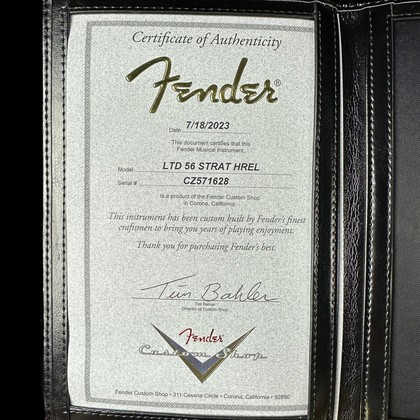 Certificate of authenticity for Fender Custom Shop Limited Edition '56 Strat Heavy Relic India Ivory.