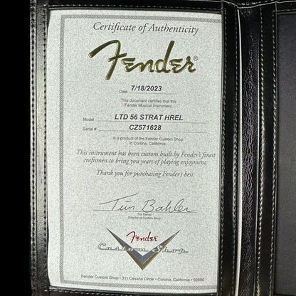 Certificate of authenticity for Fender Custom Shop Limited Edition '56 Strat Heavy Relic India Ivory.