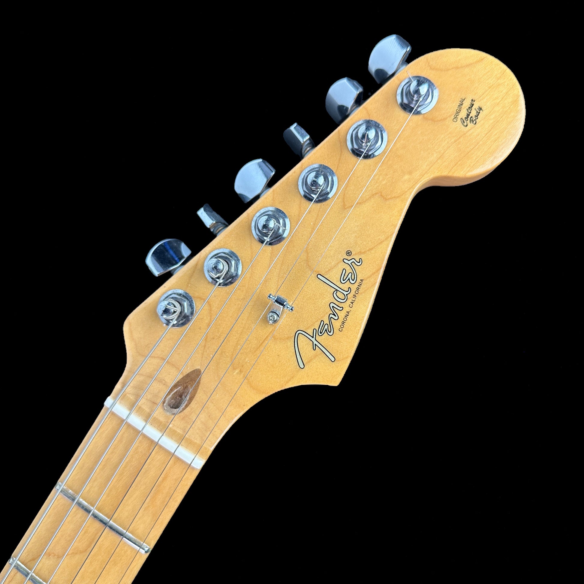 Front of headstock of Used Fender Parallel Universe Stratocaster Telecaster Hybrid.