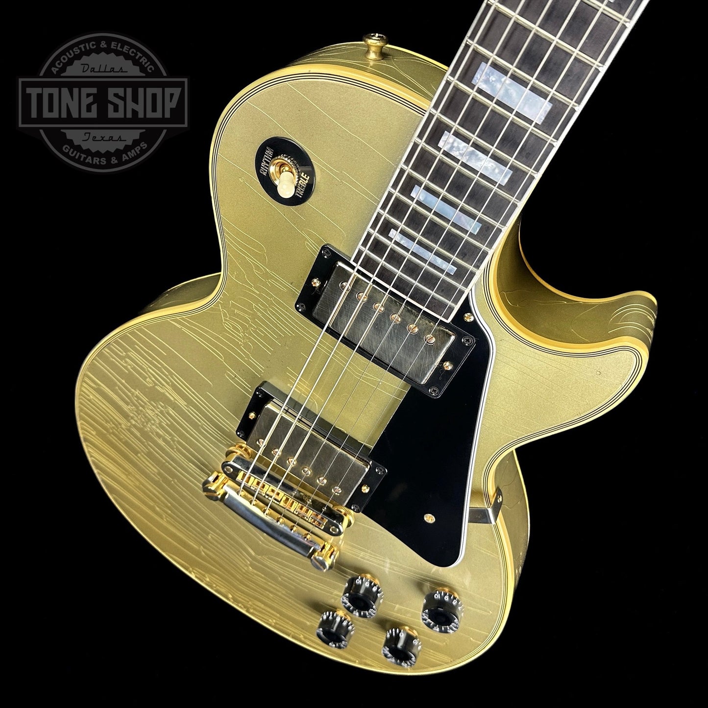 Front angle of on Custom Shop M2M Les Paul Custom Antique Silver Murphy Lab Light Aged GH.