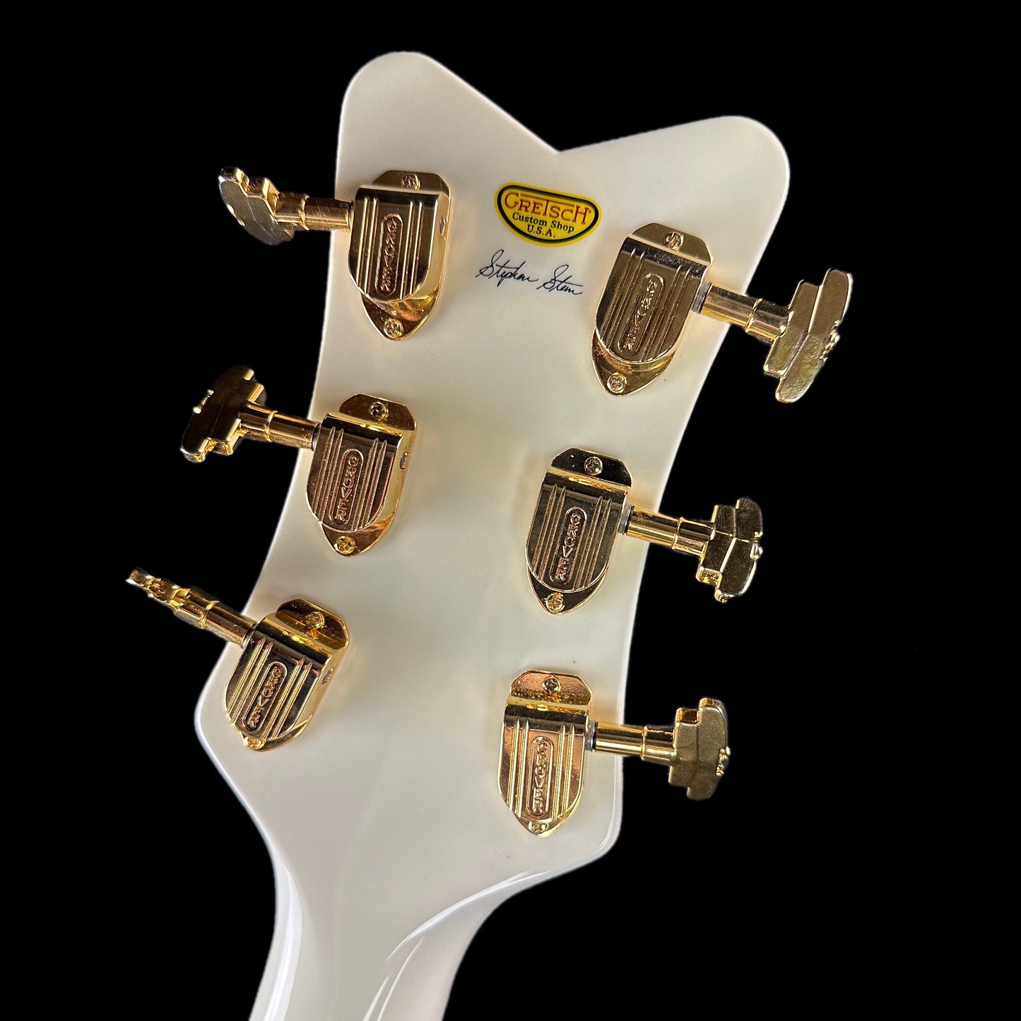 Back of headstock of Gretsch Custom Shop G6136-55 Fused Glass White Falcon.
