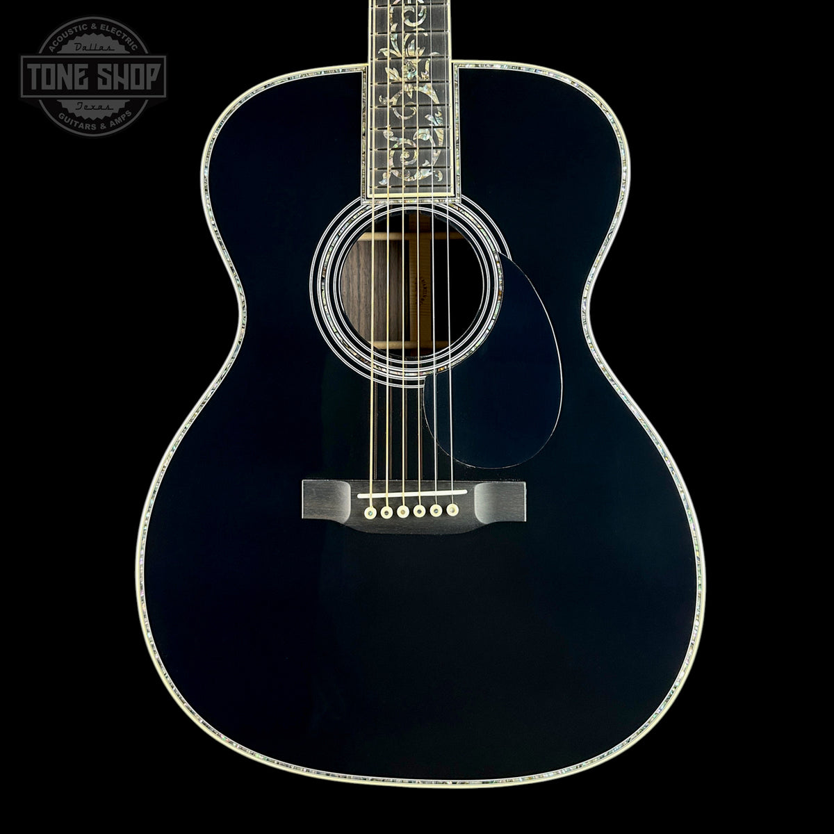 Front of Martin Custom Shop 45 Style OM Tree of Life Black.