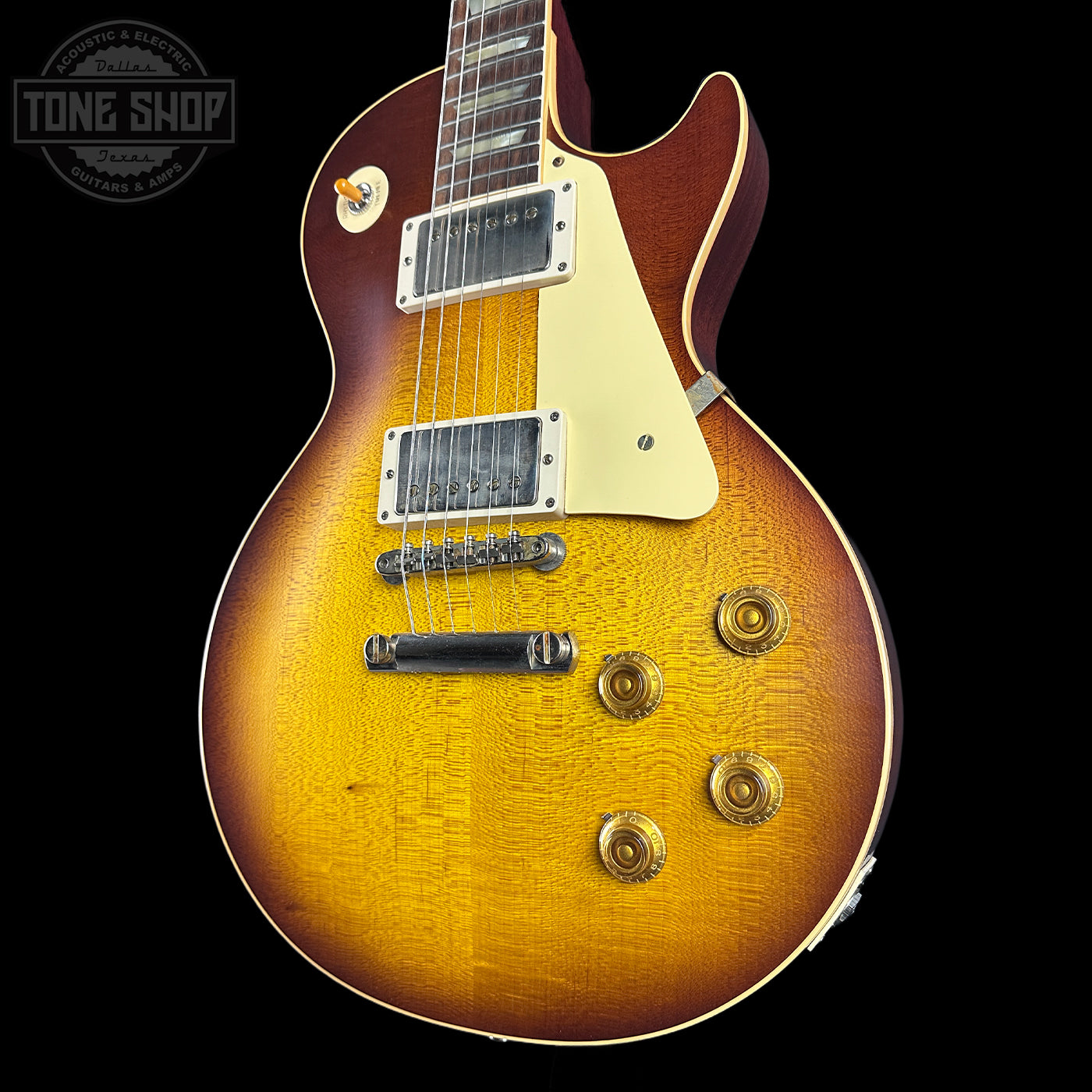 Angle front of Gibson Custom Dealer Select 1958 Les Paul Chambered Slow Iced Tea Fade VOS w/case 84910
