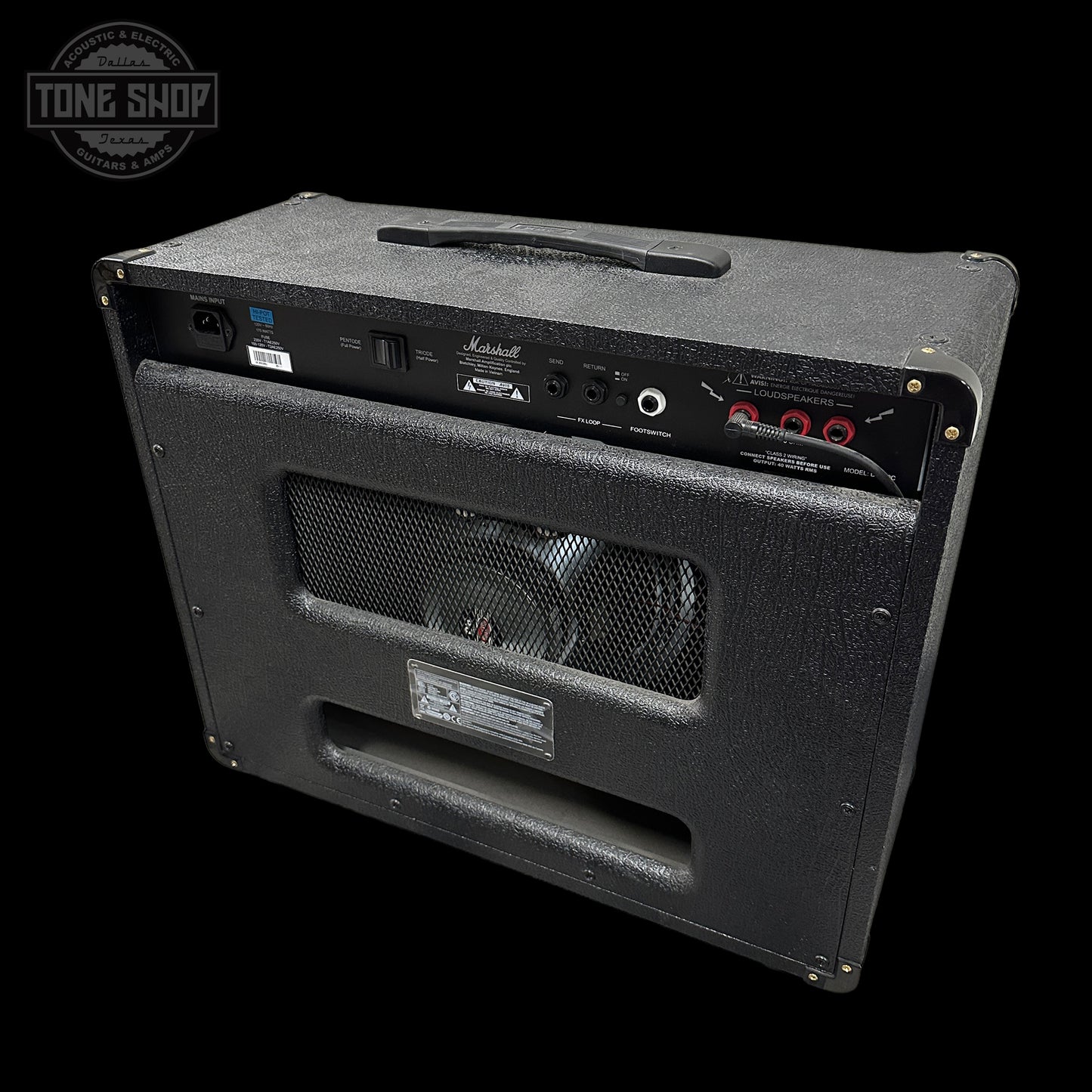 Marshall amplifier on a black background with 'Tone Shop' logo.