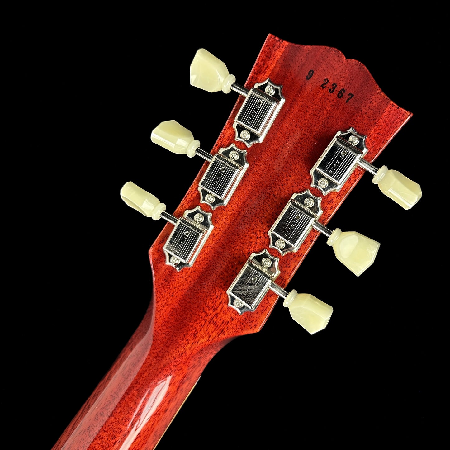 Back of headstock of Used Gibson Custom Shop R9 1959 Les Paul Reissue Cherry.