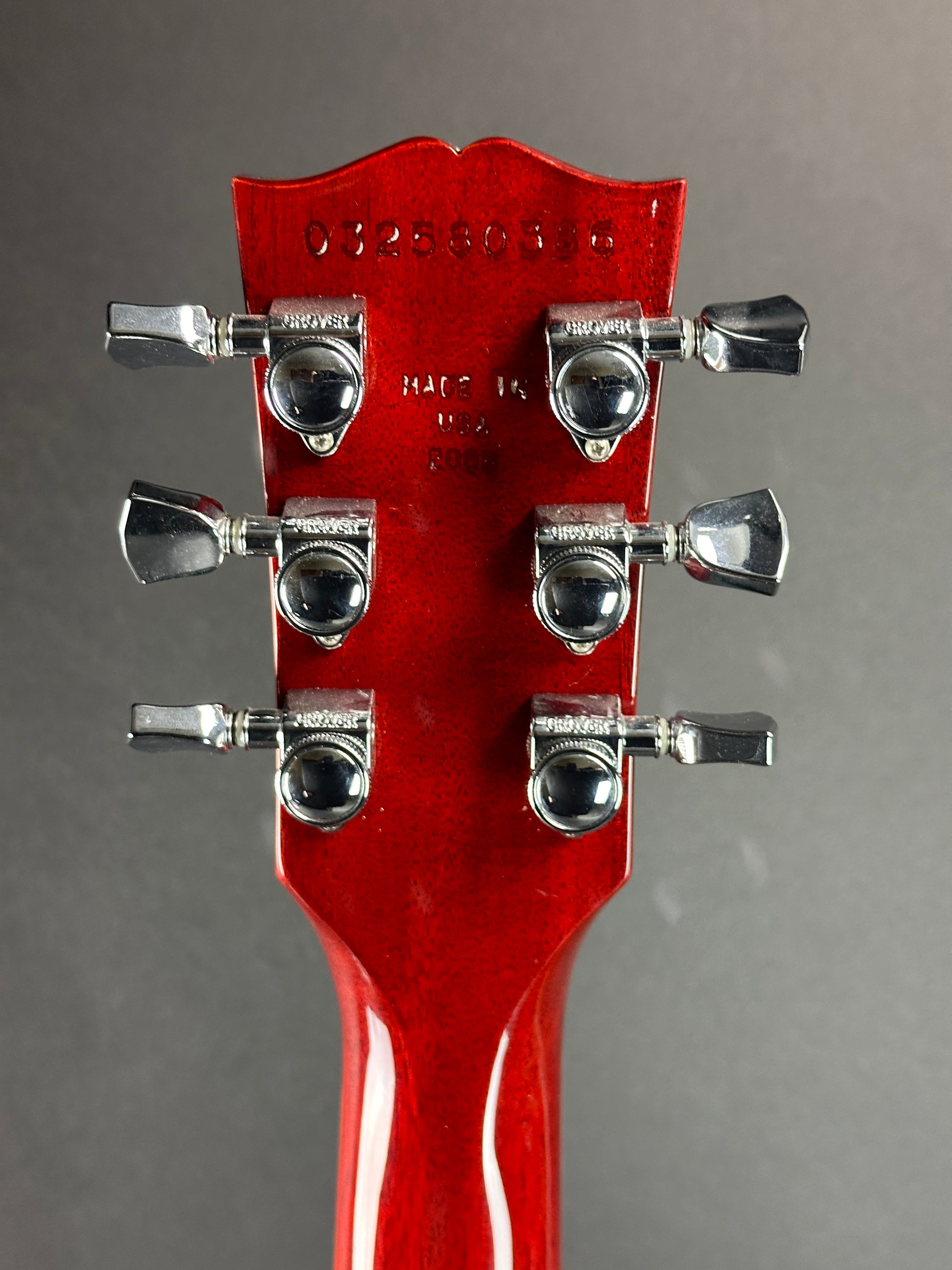 Back of headstock of Used 2008 Gibson Les Paul Standard Plus Heritage Cherry.