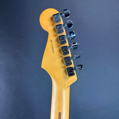 Back of headstock of Used 2023 Fender American Pro II Stratocaster Maple 2 Tone Sunburst.