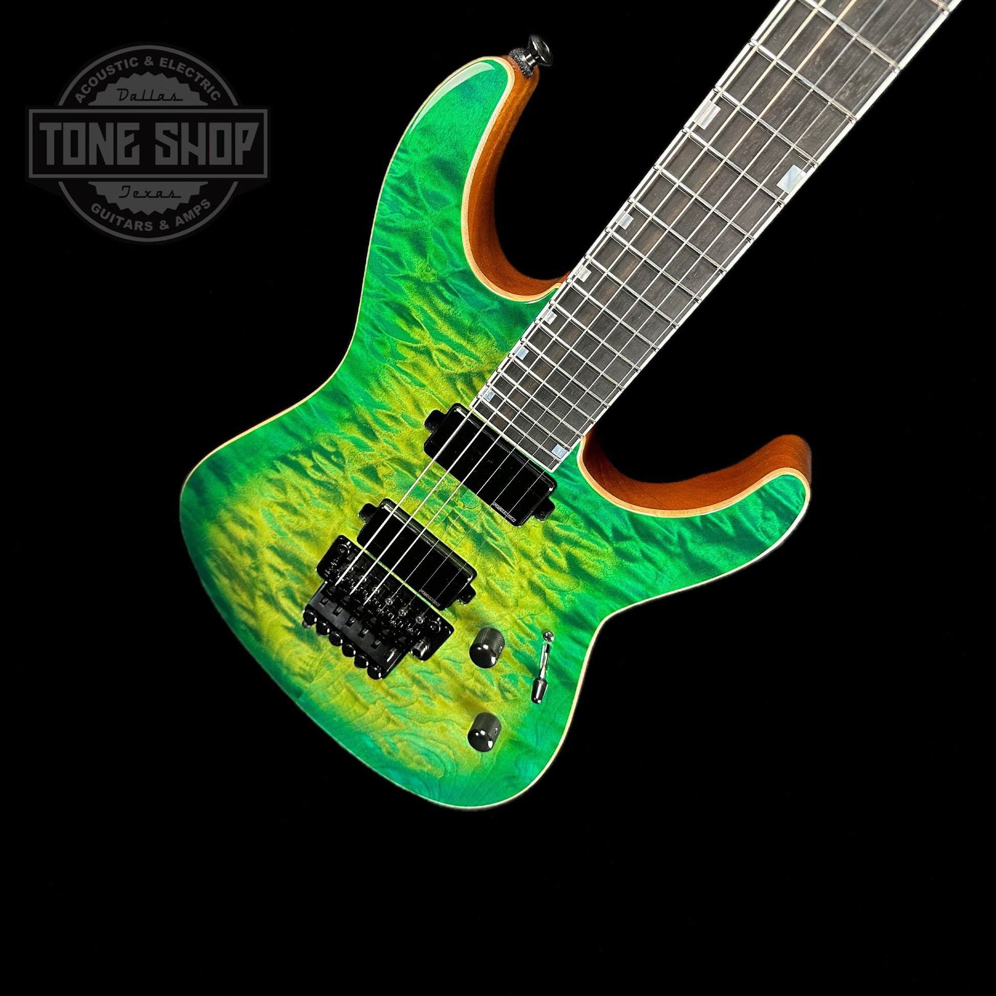 Front angle of ESP USA M-IIDX FR Floyd Rose Quilted Maple Lime Burst.