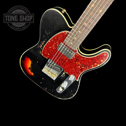 Front angle of Fender Custom Shop Limited Edition Reverse '60 Tele Custom Heavy Relic Aged Black Over 3 Color Sunburst.